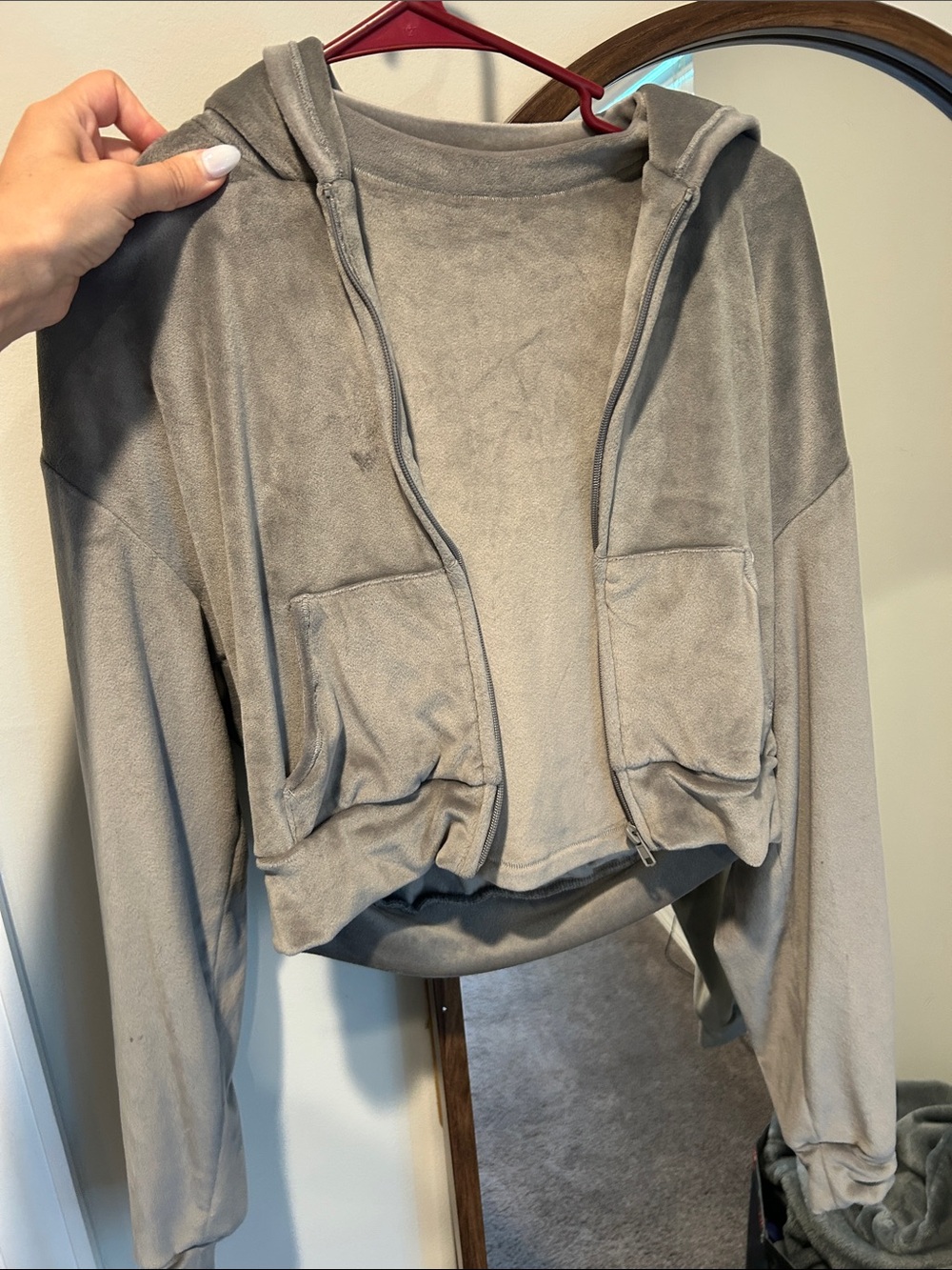 SKIMS Velour Zip Hooded Crop Jacket And Tank Top in Gray